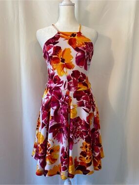 Vibrant Large Scale All Over Floral Halter Style Fit And Flare Mini Dress SM